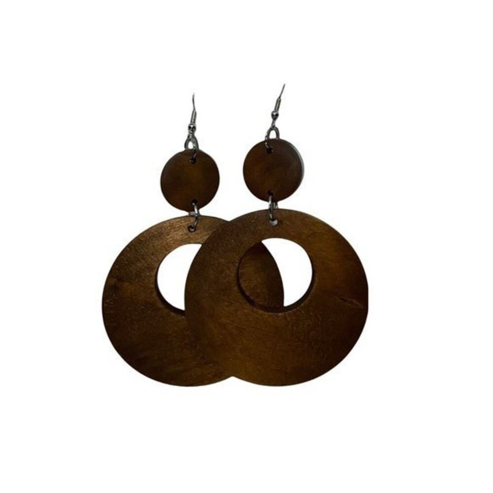 New NWT Tan Wood Circle Cut-Out Dangle Statement Earrings